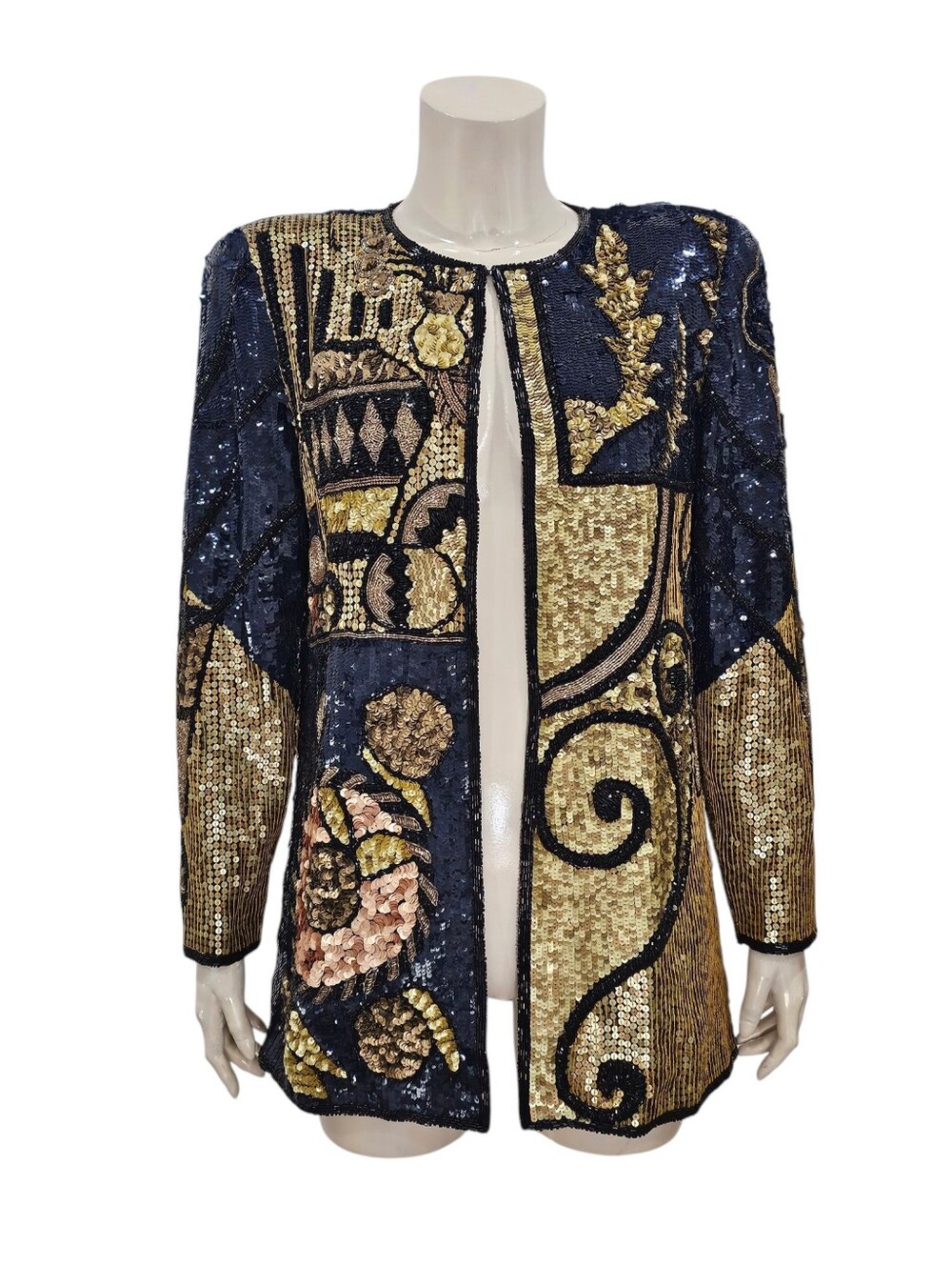 Vtg THEO MILES Glam Avant Garde Blue Gold Sequin Silk Evening Jacket S
